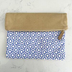 Mischa Signature Hexagon Print Zip Closure Clutch Bag White Purple Tan Sz OS